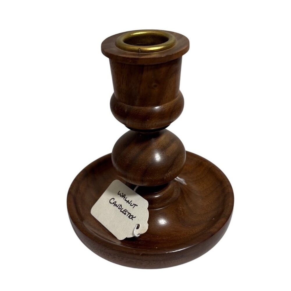Walnut Candlestick Holder Brass Accent 5" Traditional Handcrafted